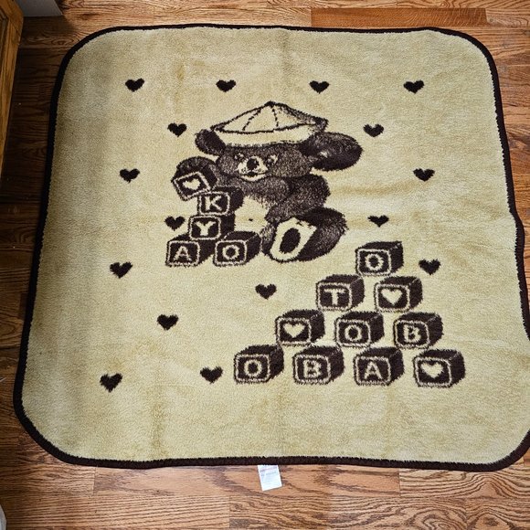 SanMarcos San Marcos Textile Baby Vintage Brown Blanket Bear Building Blocks - Picture 1 of 15